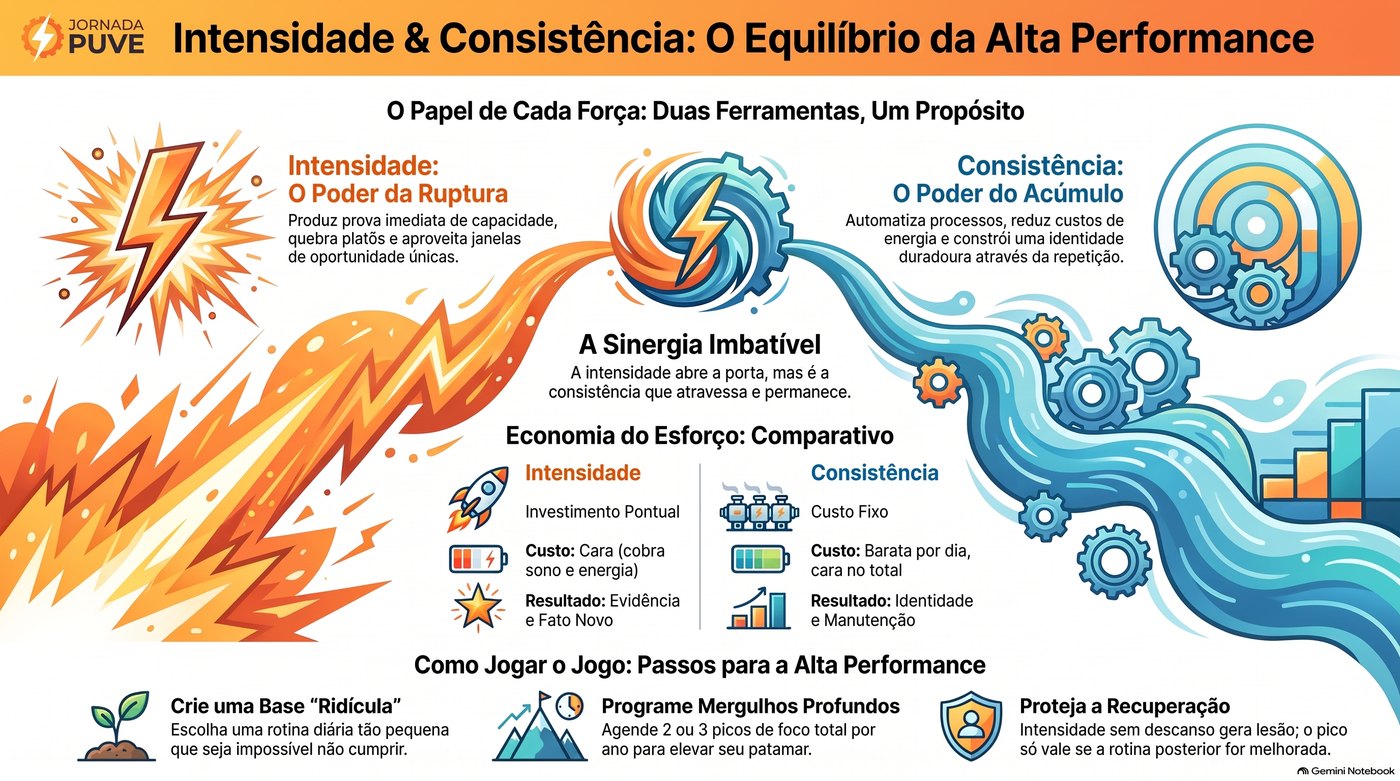 Infográfico Intensidade e Consistência, o equilíbrio da alta performance, com o papel de cada força, a economia do esforço e os três passos para combinar as duas.