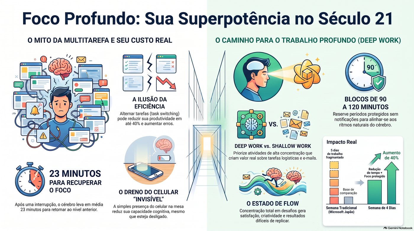 Infográfico Foco Profundo, sua superpotência no século 21, com o mito da multitarefa e o caminho para o trabalho profundo.